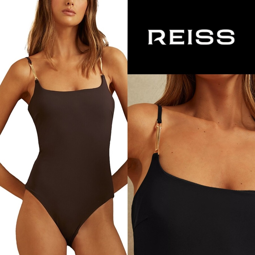 Reiss Imogen black  One-Piece Swimsuit  Gold  Adjustable Straps Size 6